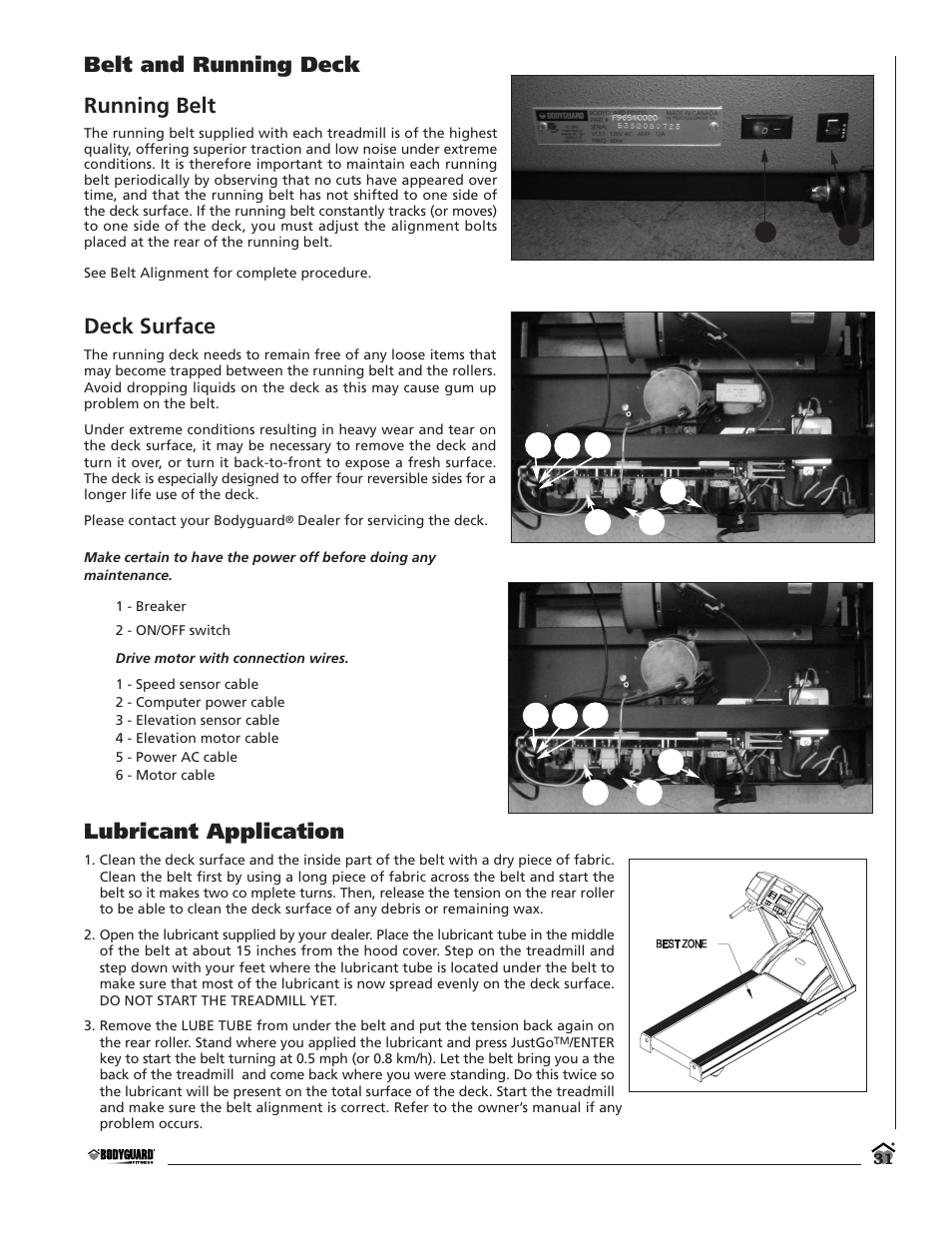 Belt and running deck running belt, Deck surface, Lubricant application | Bodyguard T700 User Manual | Page 31 / 36