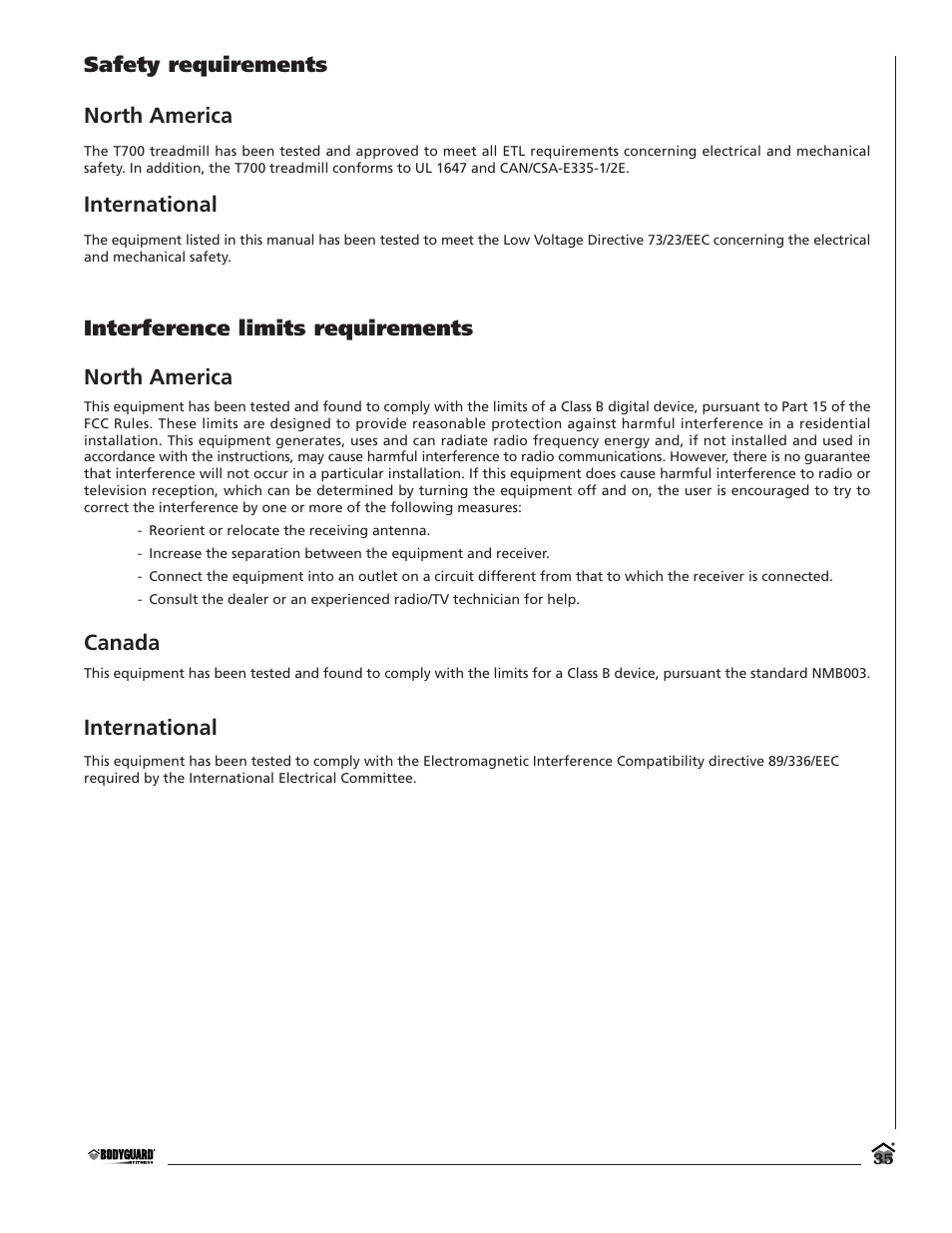Safety requirements north america, International, Interference limits requirements north america | Canada | Bodyguard T700 User Manual | Page 35 / 36