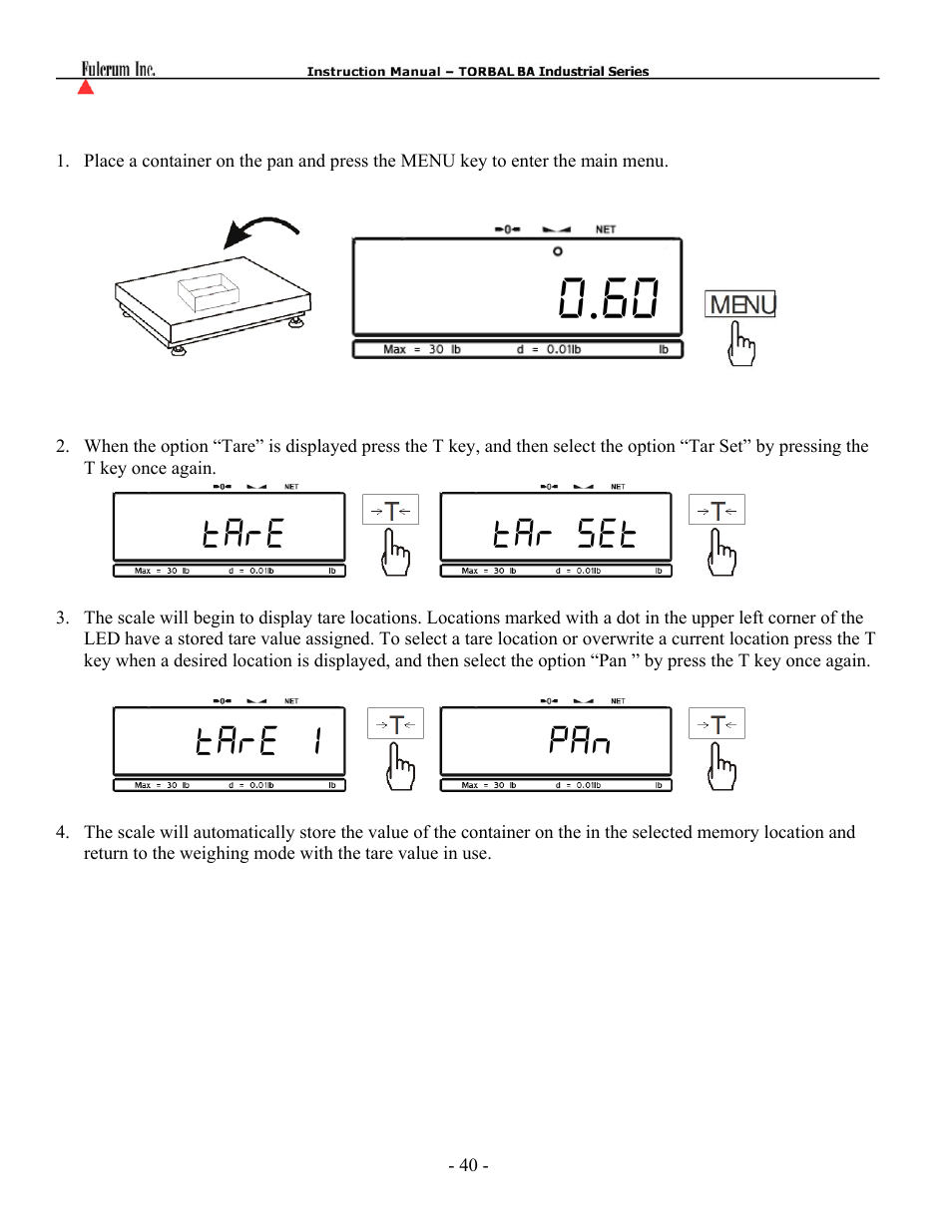 Tare tar set tare 1 pan | Torbal BA Industrial Platform User Manual | Page 40 / 57