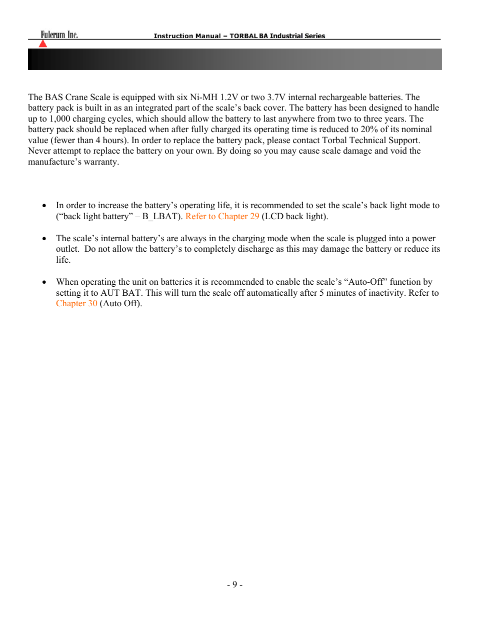 Chapter 6: battery operation | Torbal BAS Series User Manual | Page 10 / 59