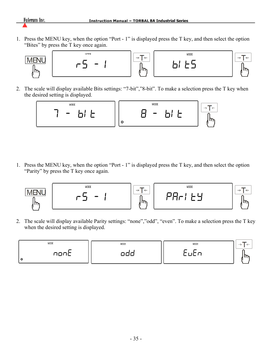 Rs -1 bits rs -1 parity 7 - bit 8 - bit, None odd even | Torbal BAS Series User Manual | Page 36 / 59