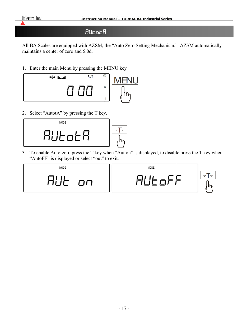 00 autota aut on autoff | Torbal BTA Series User Manual | Page 18 / 62