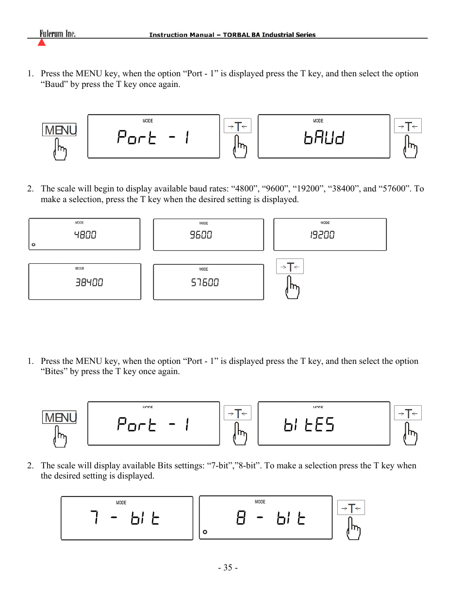 Port -1 baud, Port -1 bites 7 - bit 8 - bit | Torbal BTA Series User Manual | Page 36 / 62