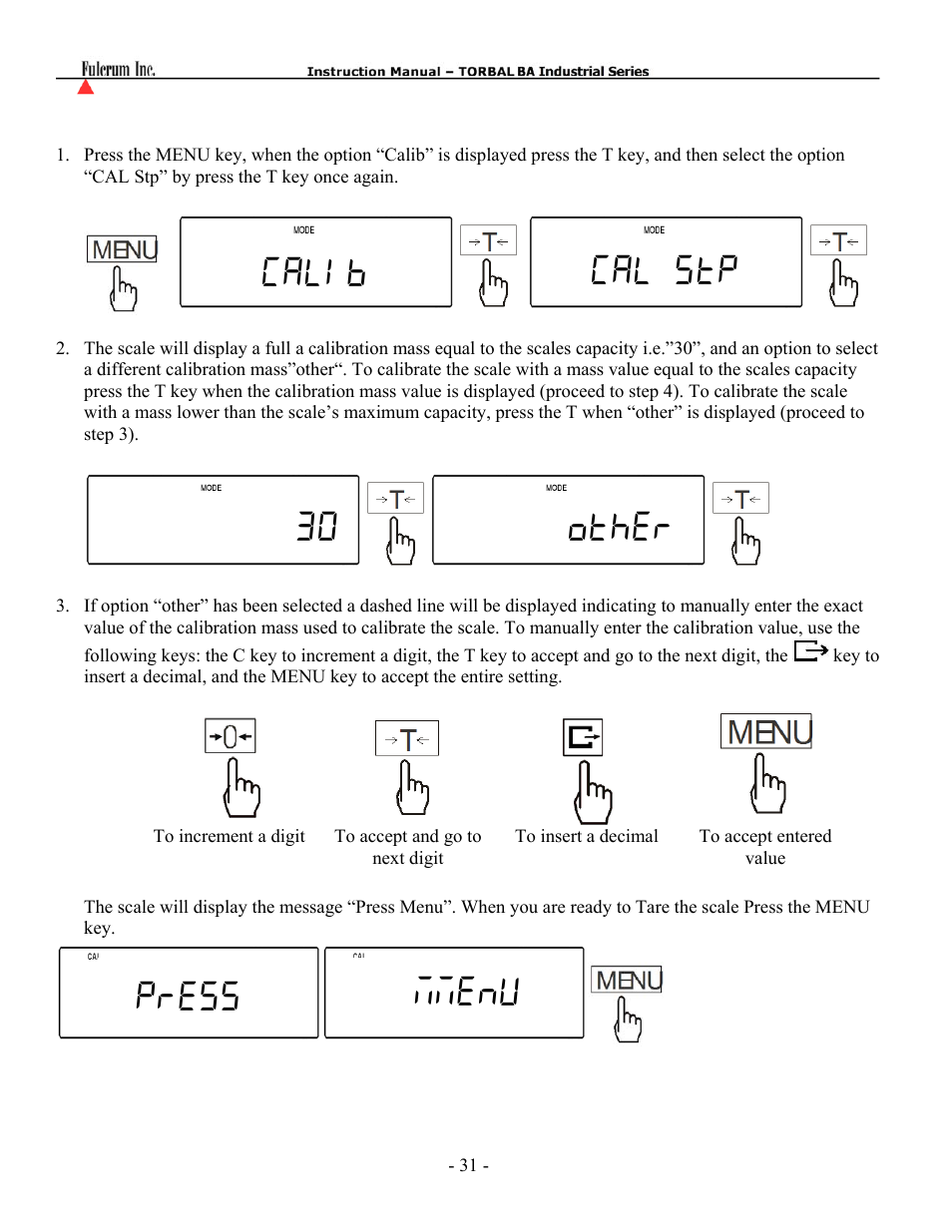 Calib cal stp -cal- press mmenu 30 other | Torbal BT Precision Portable User Manual | Page 31 / 60