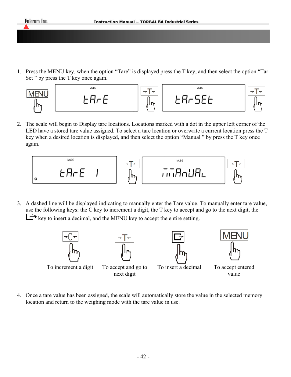Tare tarset tare 1 mmanual, Chapter 20: storing tare values | Torbal BT Precision Portable User Manual | Page 42 / 60