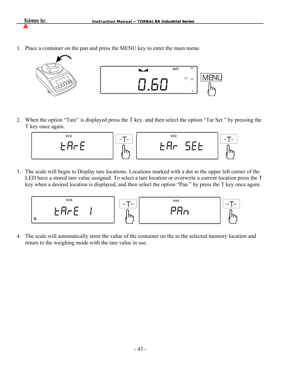 Tare tar set tare 1 pan | Torbal BT Precision Portable User Manual | Page 43 / 60