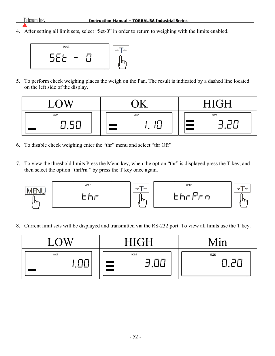Low ok high, Low high min | Torbal BT Precision Portable User Manual | Page 52 / 60