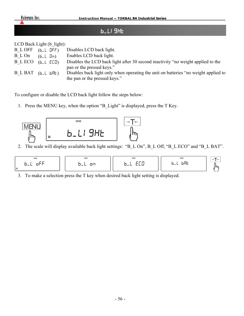 B_light, Chapter 28: lcd back light ( b_light ) | Torbal BT Precision Portable User Manual | Page 56 / 60
