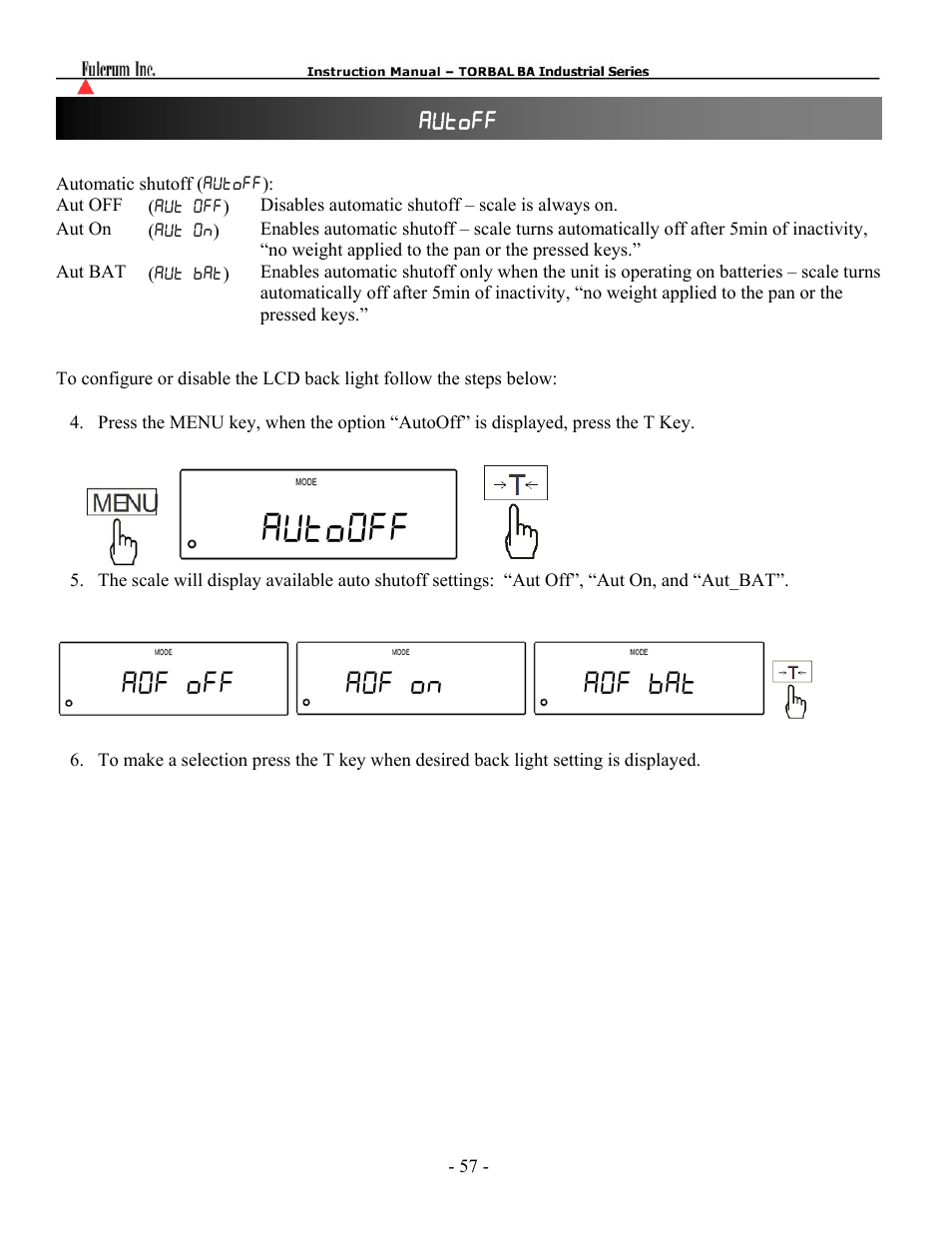 Autooff, Aof off, Aof on | Aof bat | Torbal BT Precision Portable User Manual | Page 57 / 60