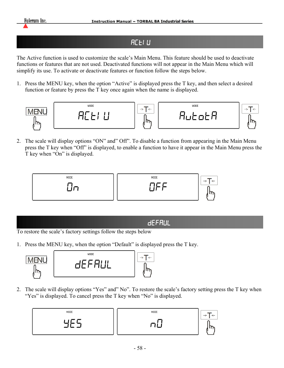 Actiu avtota on off defaul yes no | Torbal BT Precision Portable User Manual | Page 58 / 60