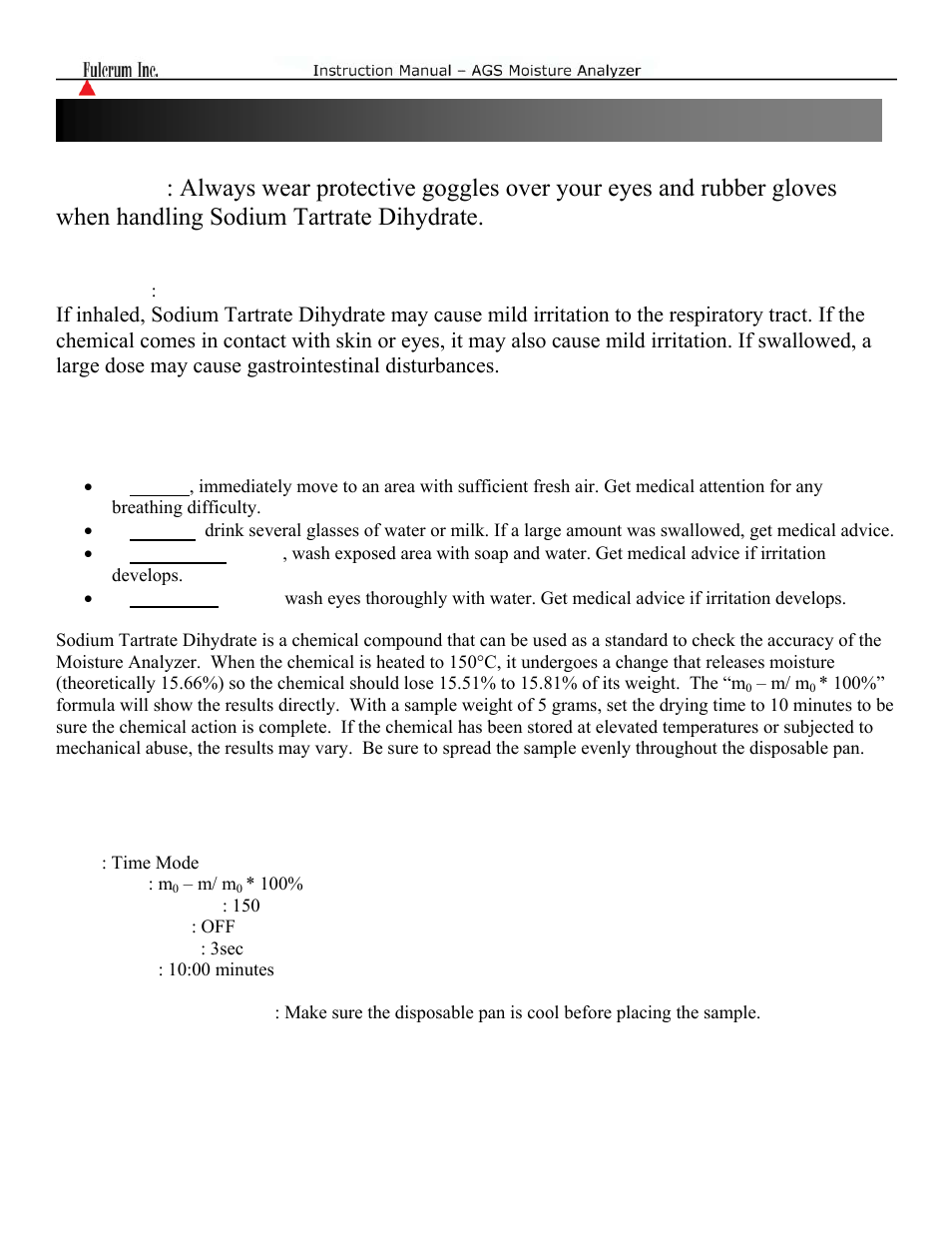 Warning, First aid, Recommended parameters | Torbal AGS Moisture Analyzer Instruction Manual User Manual | Page 28 / 48