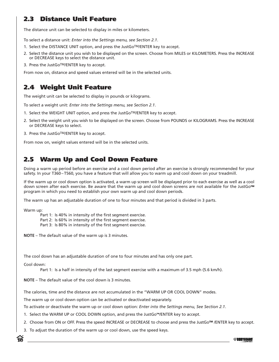 3 distance unit feature, 4 weight unit feature, 5 warm up and cool down feature | Bodyguard T360 User Manual | Page 10 / 36