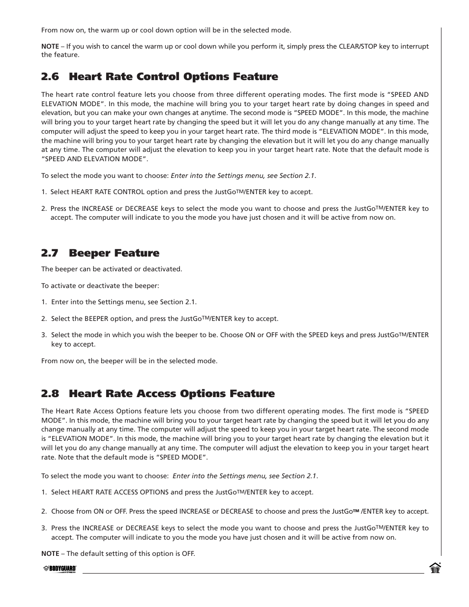6 heart rate control options feature, 7 beeper feature, 8 heart rate access options feature | Bodyguard T360 User Manual | Page 11 / 36