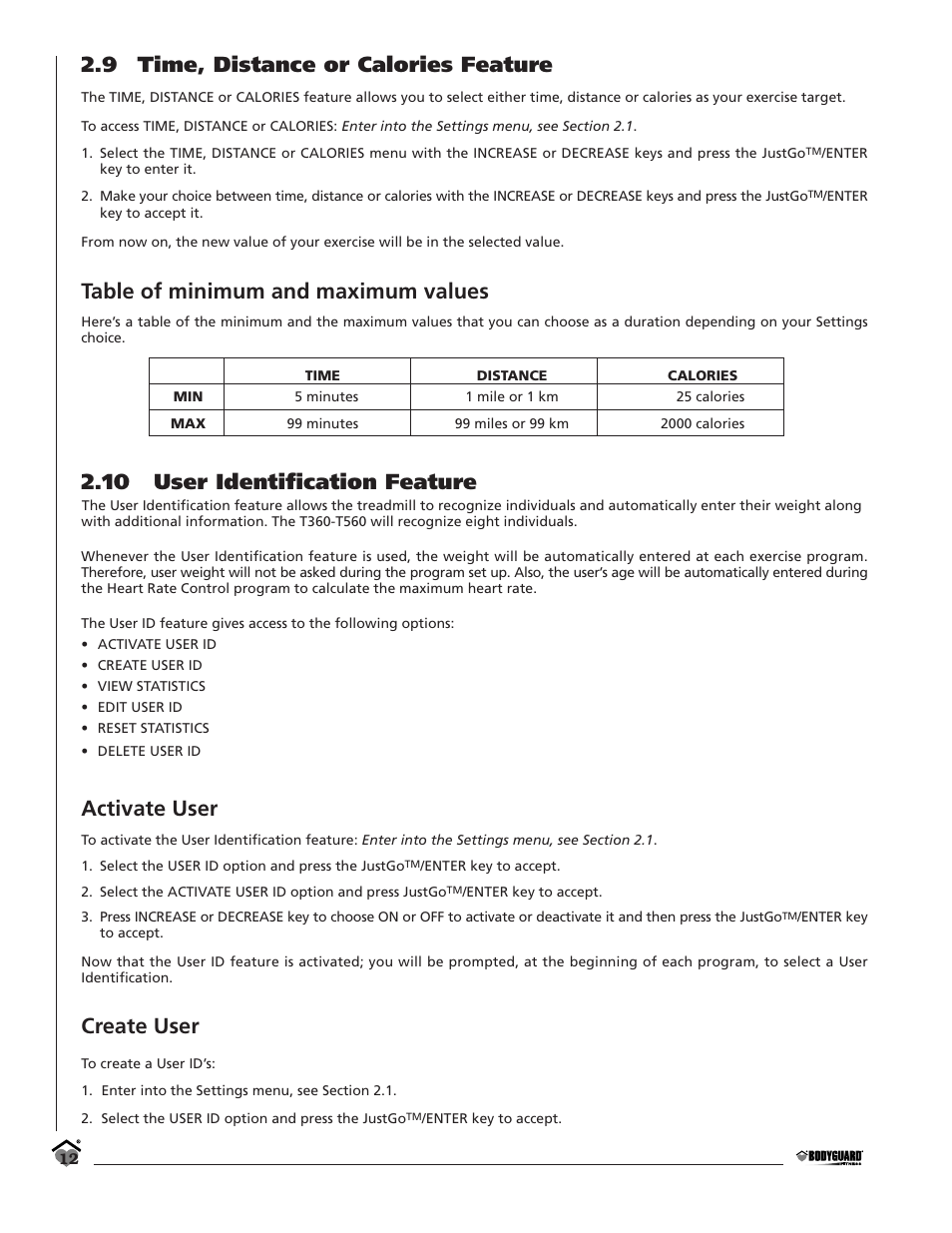 9 time, distance or calories feature, Table of minimum and maximum values, 10 user identification feature | Activate user, Create user | Bodyguard T360 User Manual | Page 12 / 36