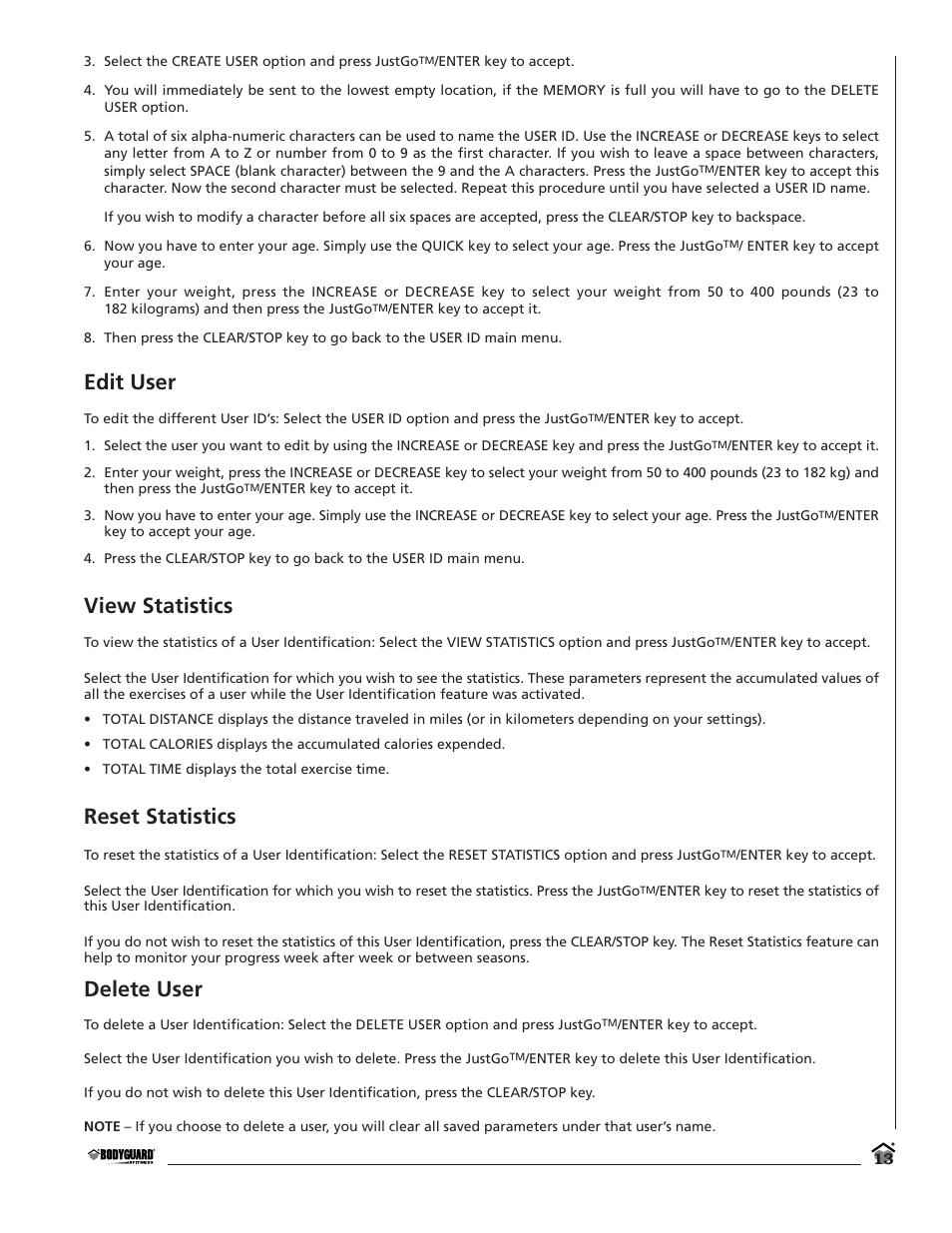 Edit user, View statistics, Reset statistics | Delete user | Bodyguard T360 User Manual | Page 13 / 36
