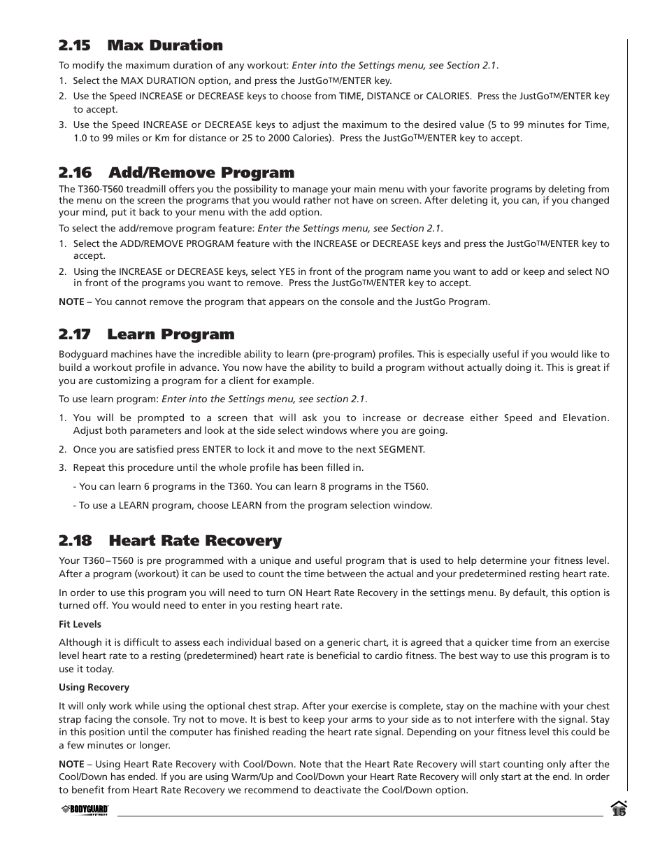 15 max duration, 16 add/remove program, 17 learn program | 18 heart rate recovery | Bodyguard T360 User Manual | Page 15 / 36