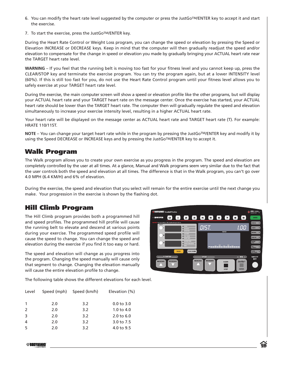 Walk program, Hill climb program | Bodyguard T360 User Manual | Page 19 / 36