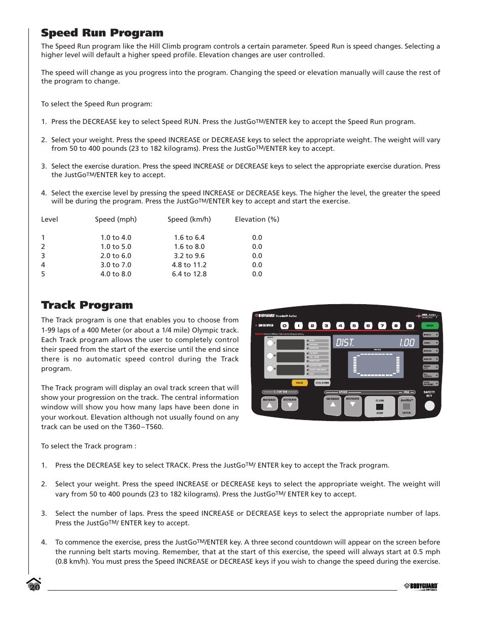 Speed run program, Track program | Bodyguard T360 User Manual | Page 20 / 36