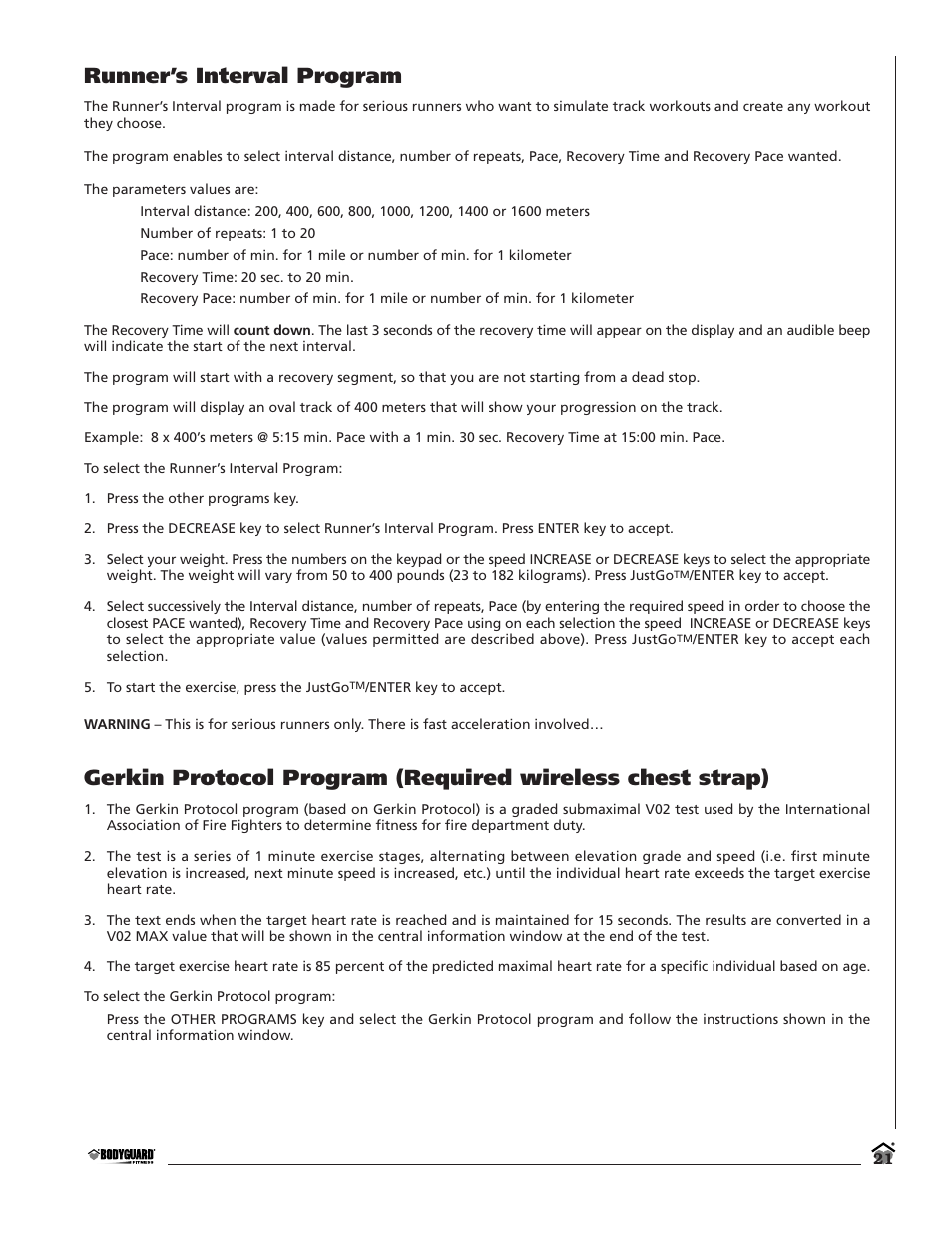 Runner’s interval program | Bodyguard T360 User Manual | Page 21 / 36