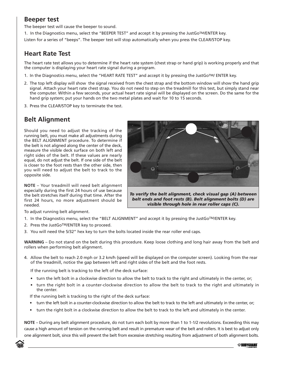 Beeper test, Heart rate test, Belt alignment | Db c a | Bodyguard T360 User Manual | Page 26 / 36