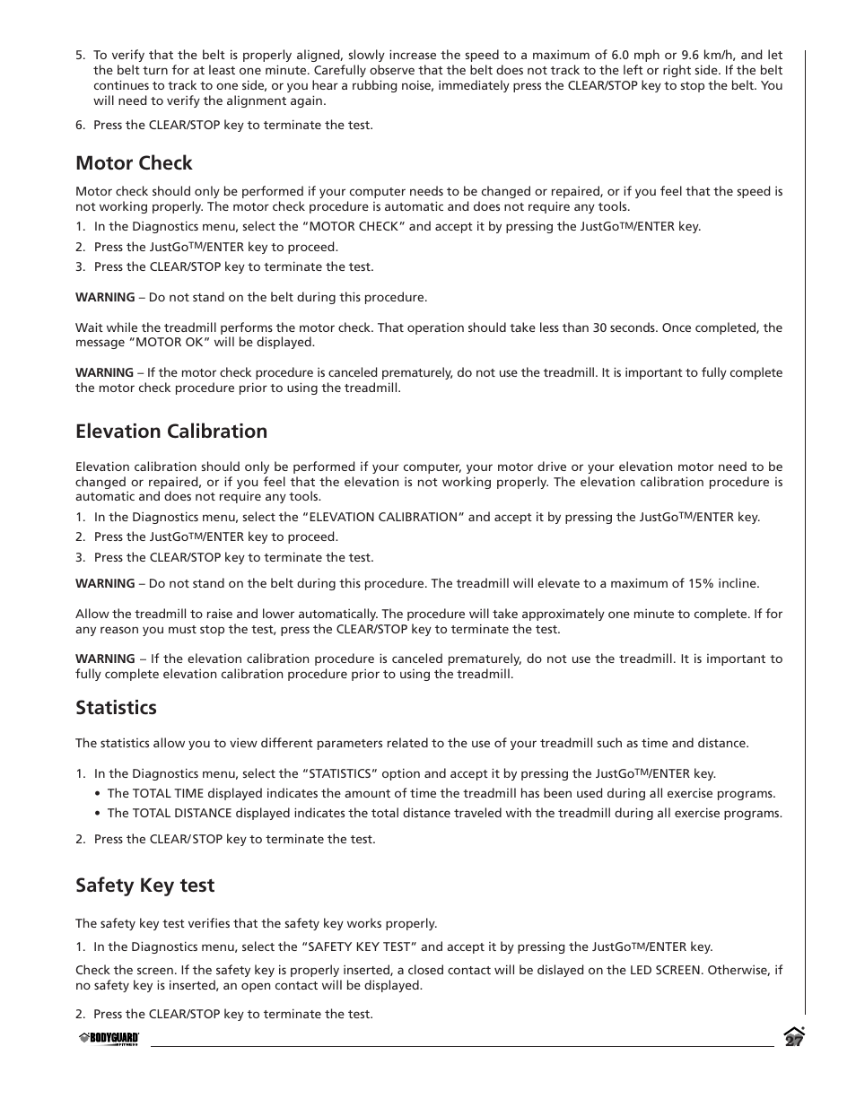 Motor check, Elevation calibration, Statistics | Safety key test | Bodyguard T360 User Manual | Page 27 / 36