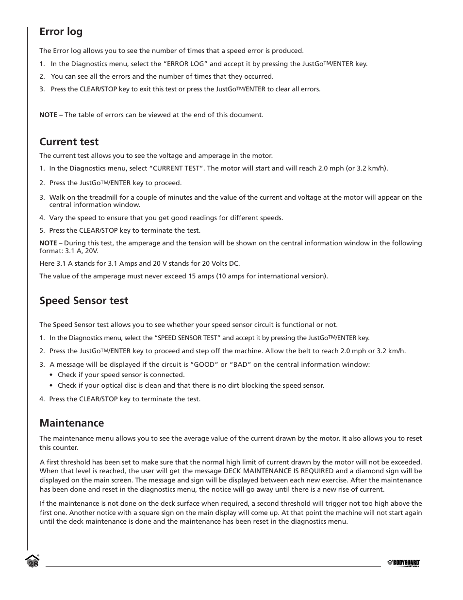 Error log, Current test, Speed sensor test | Maintenance | Bodyguard T360 User Manual | Page 28 / 36