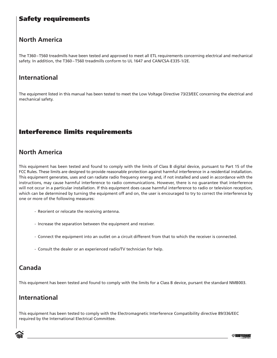 Safety requirements north america, International, Interference limits requirements north america | Canada | Bodyguard T360 User Manual | Page 34 / 36