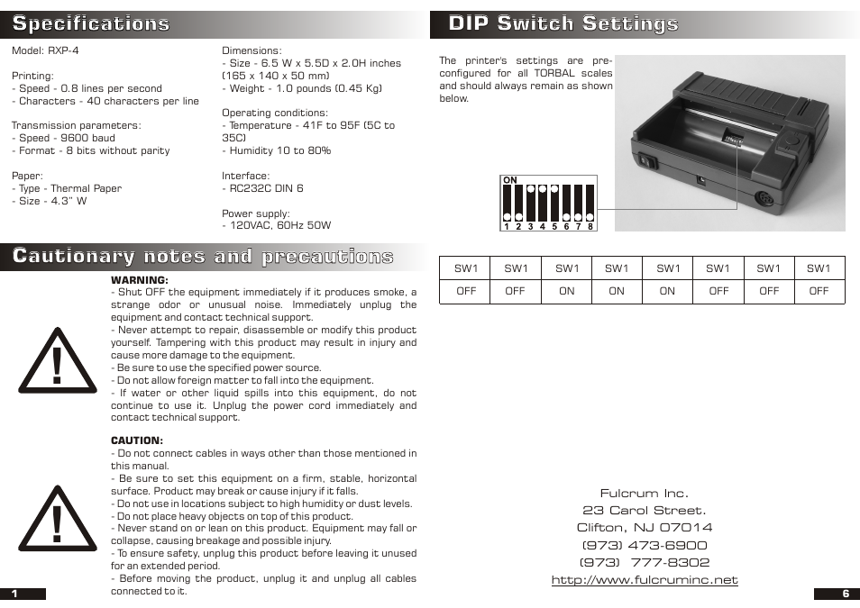 Specifications, Dip switch settings | Torbal RXP-4 User Manual | Page 2 / 4