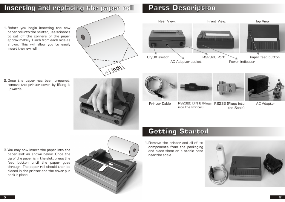 Parts description, Getting started, Inserting and replacing the paper roll | Torbal RXP-4 User Manual | Page 3 / 4