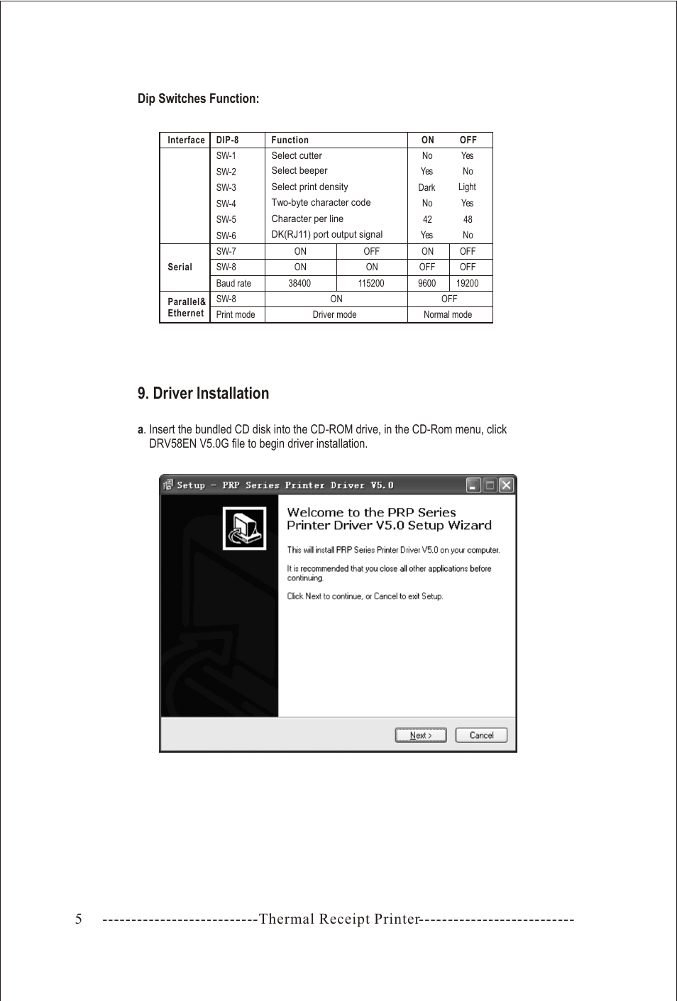 Т³гж 6, Driver installation, Thermal receipt printer | Dip switches function | Torbal PRP-058C User Manual | Page 6 / 8