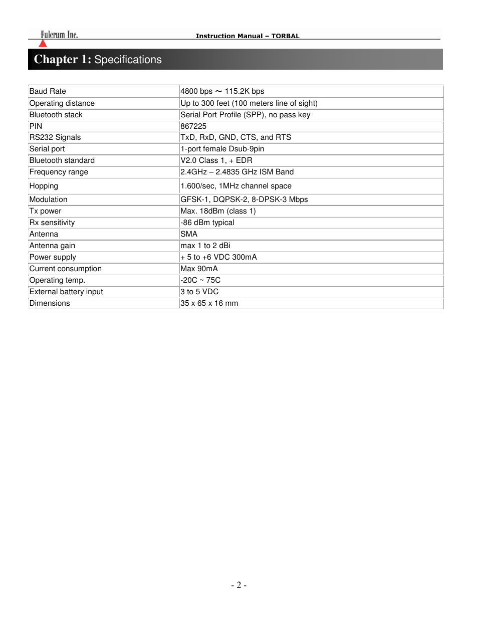 Chapter 1, Specifications | Torbal WM User Manual | Page 3 / 17