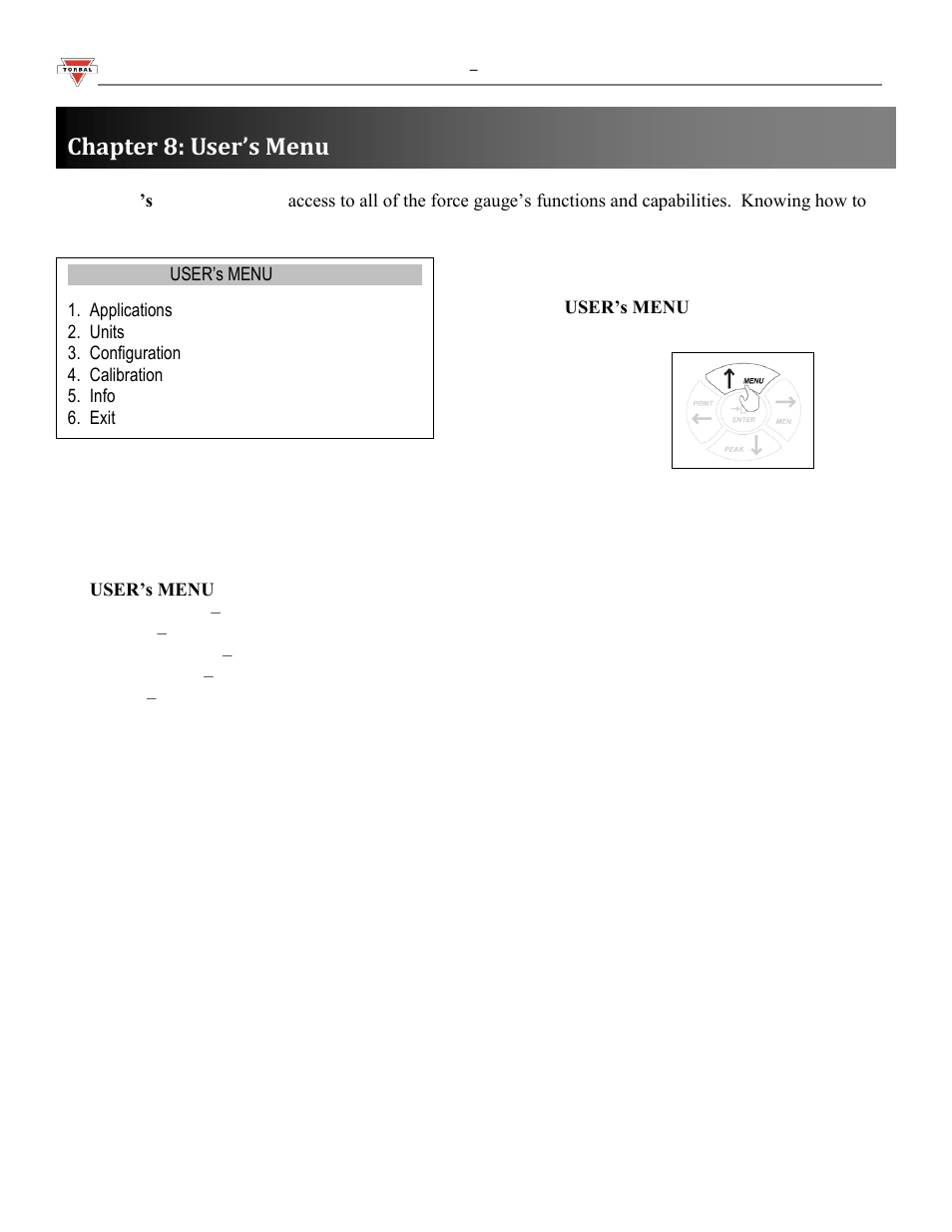 Chapter 8: user’s menu | Torbal FA Series User Manual | Page 14 / 36