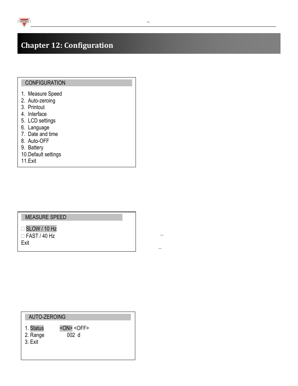 1 measure speed, 2 auto-zeroing, Chapter 12: configuration | Torbal FA Series User Manual | Page 21 / 36