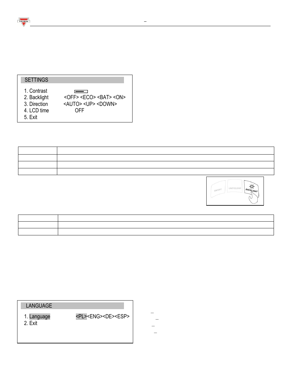 5 lcd settings, 6 language | Torbal FA Series User Manual | Page 24 / 36