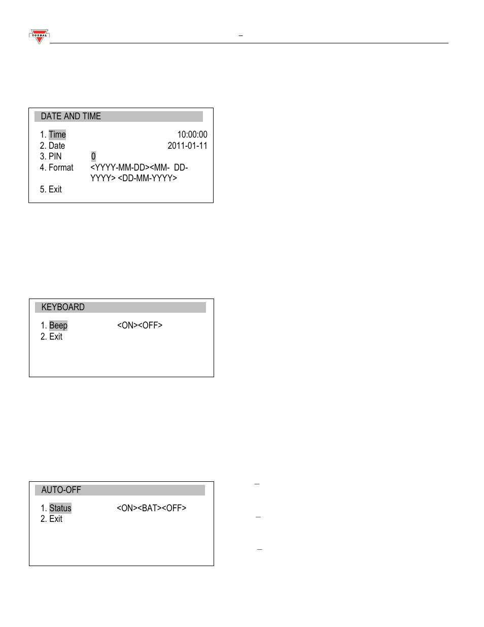 7 date and time, 8 keyboard, 9 auto-off | Torbal FA Series User Manual | Page 25 / 36