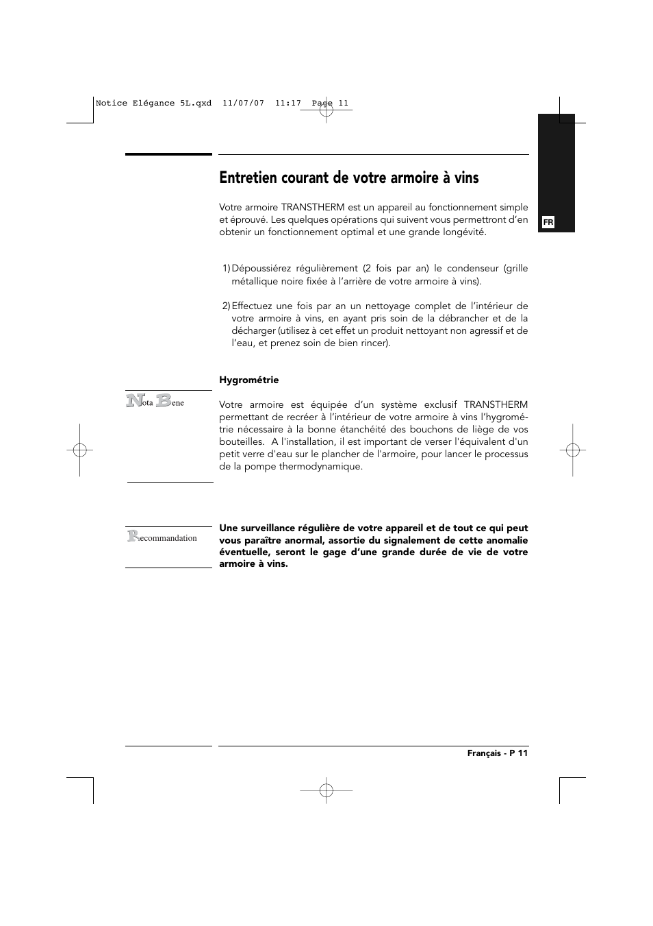 Entretien courant de votre armoire à vins | Transtherm Elegance Studio Fitted Cabinet User Manual | Page 11 / 100