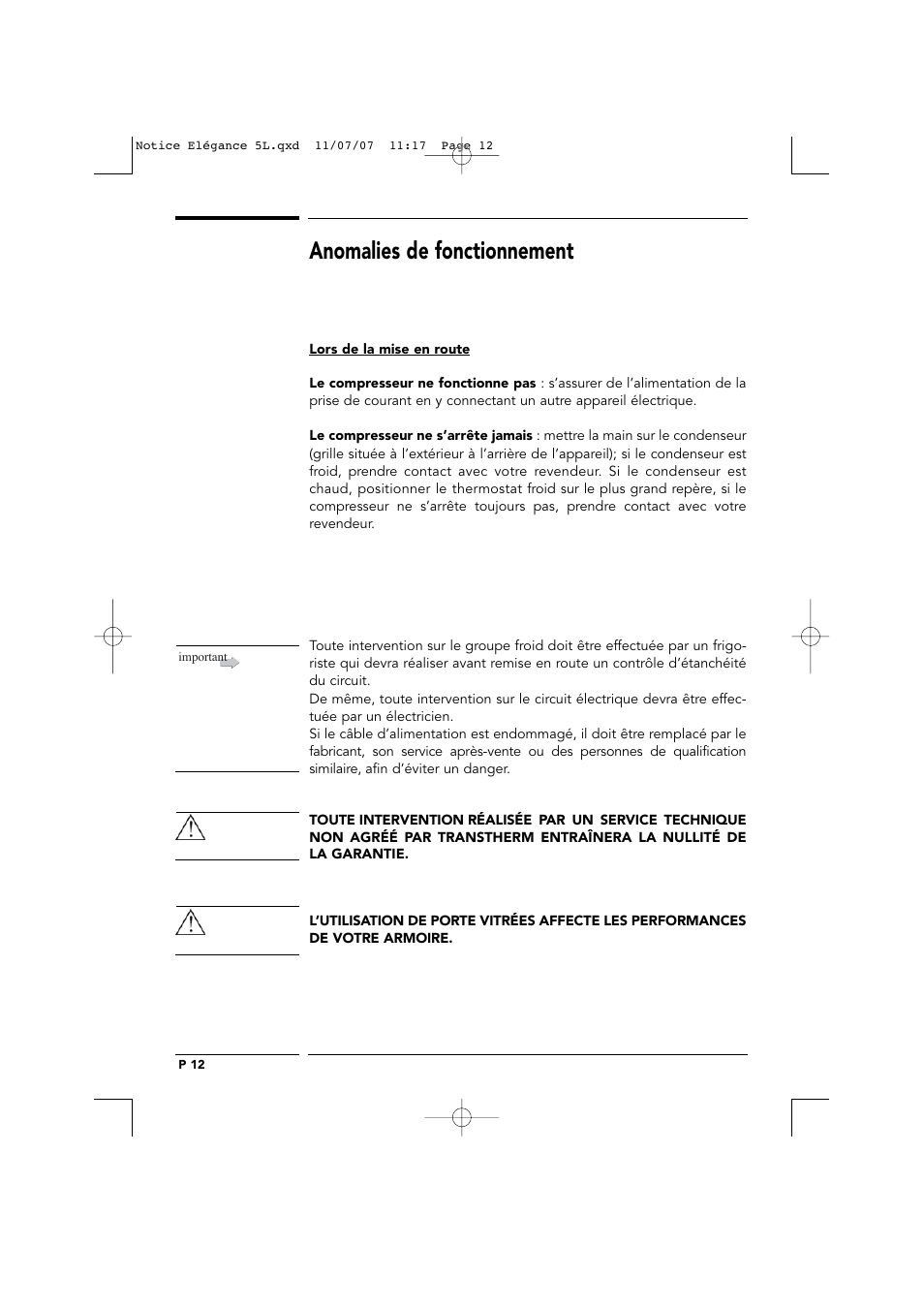 Anomalies de fonctionnement | Transtherm Elegance Studio Fitted Cabinet User Manual | Page 12 / 100
