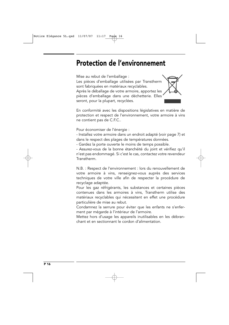 Protection de l’environnement | Transtherm Elegance Studio Fitted Cabinet User Manual | Page 16 / 100