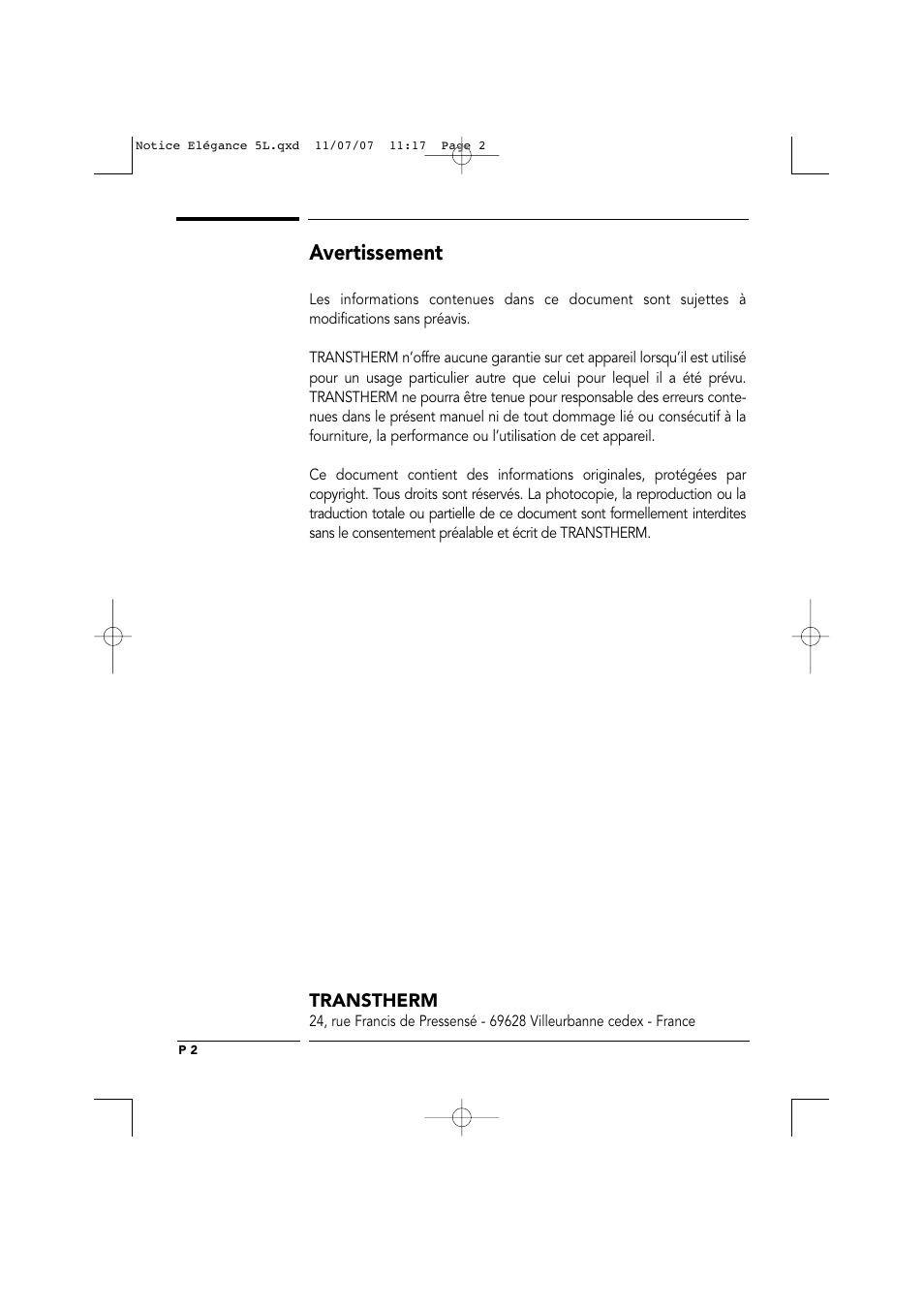 Avertissement | Transtherm Elegance Studio Fitted Cabinet User Manual | Page 2 / 100