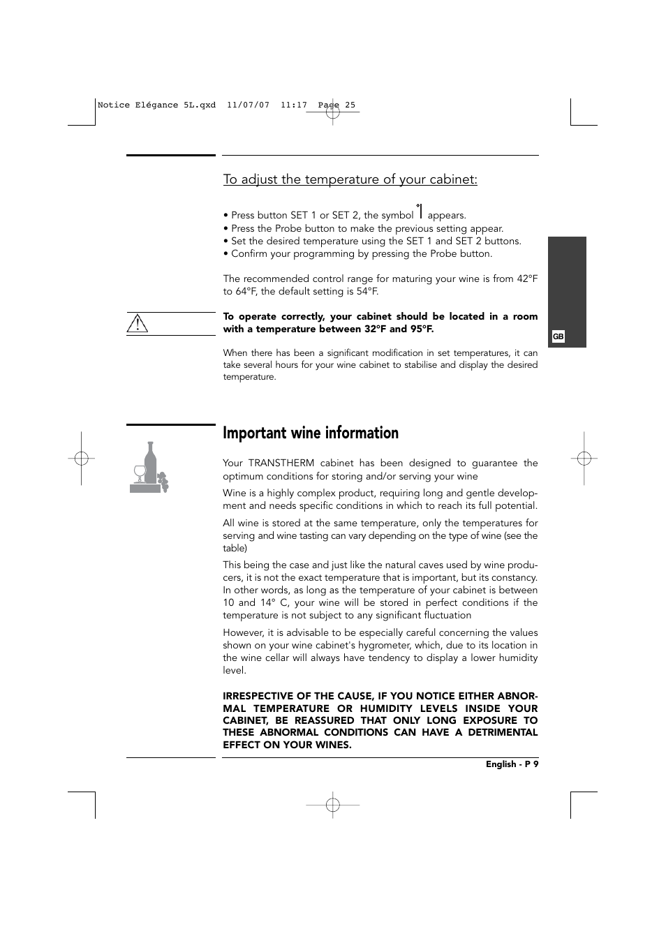 Important wine information | Transtherm Elegance Studio Fitted Cabinet User Manual | Page 25 / 100