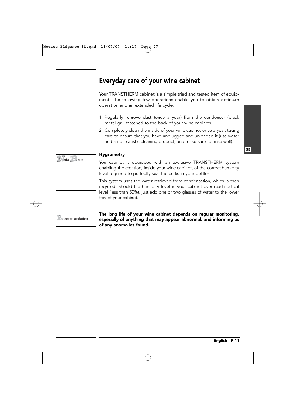Everyday care of your wine cabinet | Transtherm Elegance Studio Fitted Cabinet User Manual | Page 27 / 100