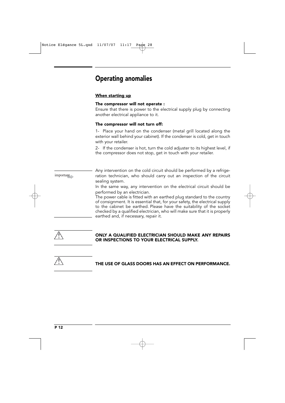 Operating anomalies | Transtherm Elegance Studio Fitted Cabinet User Manual | Page 28 / 100