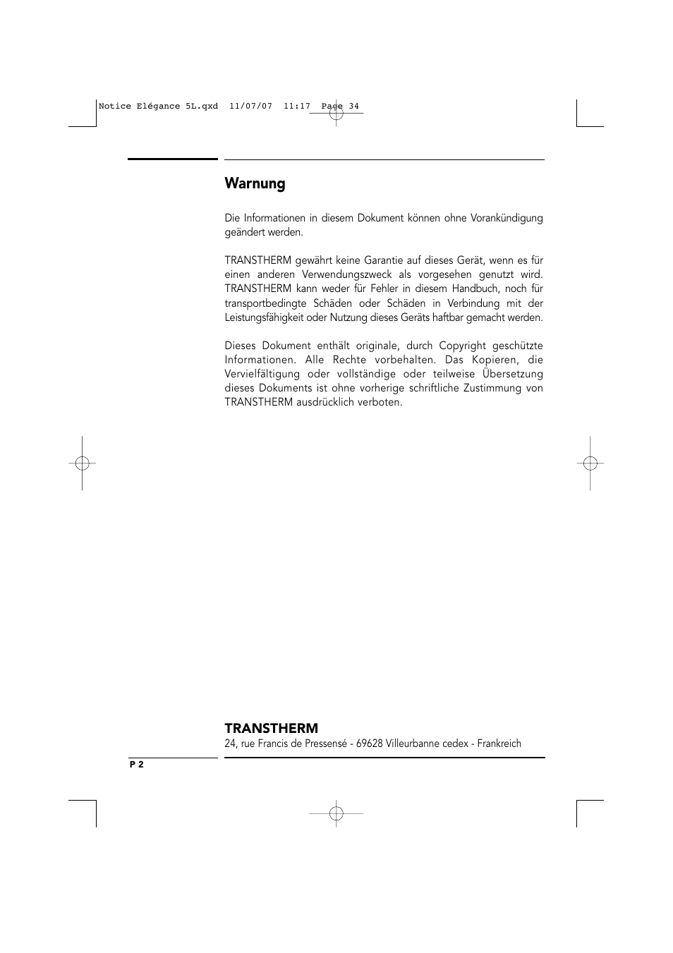 Warnung | Transtherm Elegance Studio Fitted Cabinet User Manual | Page 34 / 100