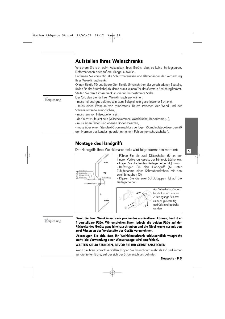 Aufstellen ihres weinschranks, Montage des handgriffs | Transtherm Elegance Studio Fitted Cabinet User Manual | Page 37 / 100