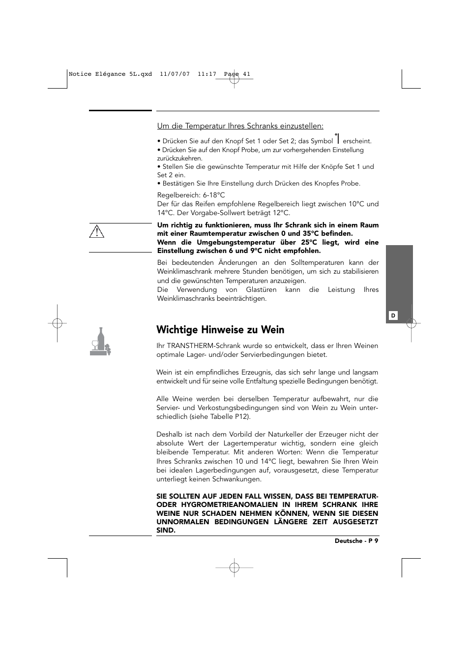 Wichtige hinweise zu wein | Transtherm Elegance Studio Fitted Cabinet User Manual | Page 41 / 100