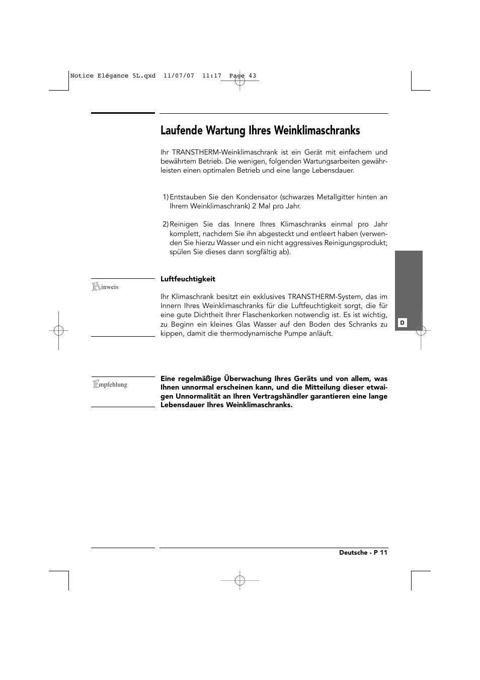 Laufende wartung ihres weinklimaschranks | Transtherm Elegance Studio Fitted Cabinet User Manual | Page 43 / 100