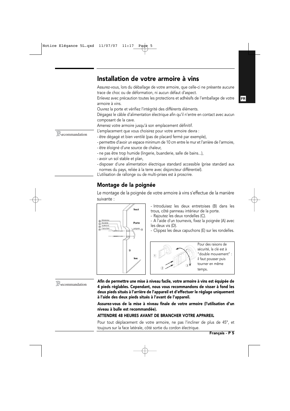 Installation de votre armoire à vins, Montage de la poignée | Transtherm Elegance Studio Fitted Cabinet User Manual | Page 5 / 100