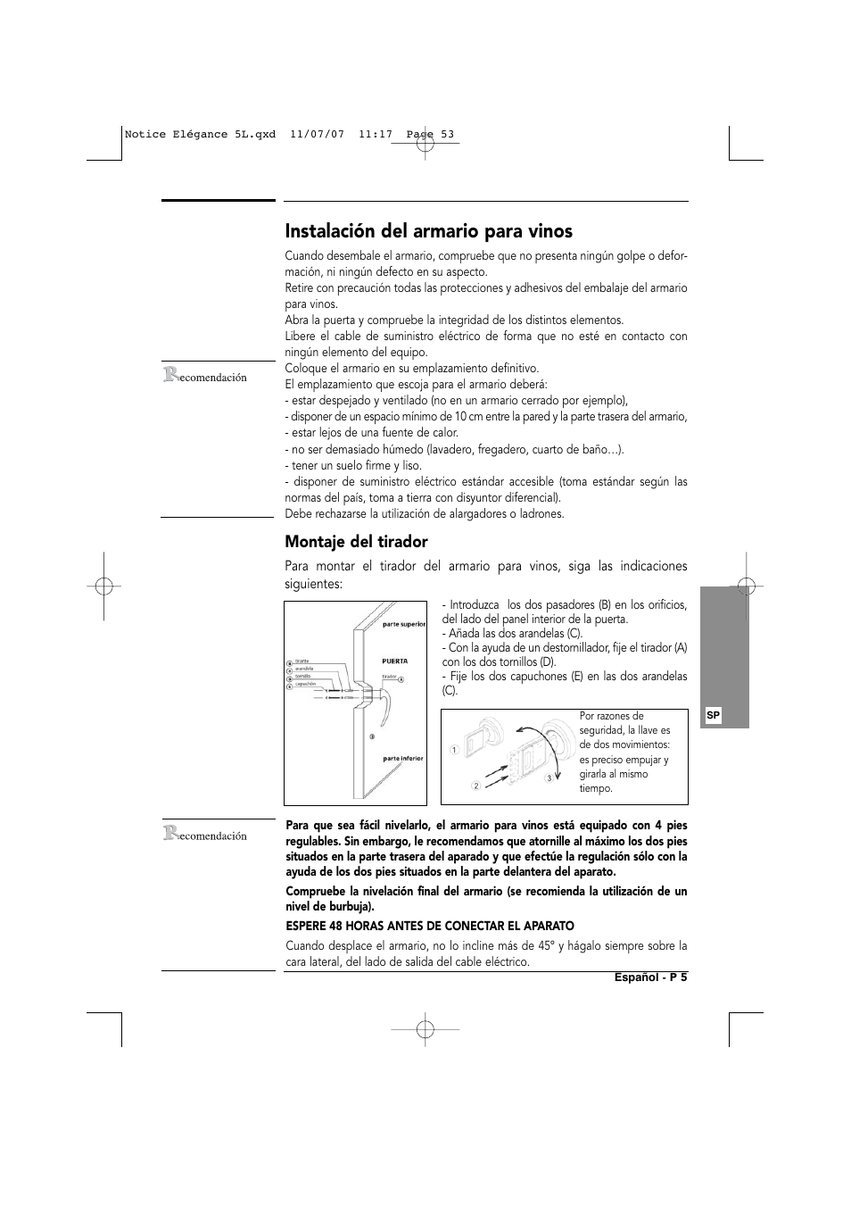 Instalación del armario para vinos, Montaje del tirador | Transtherm Elegance Studio Fitted Cabinet User Manual | Page 53 / 100