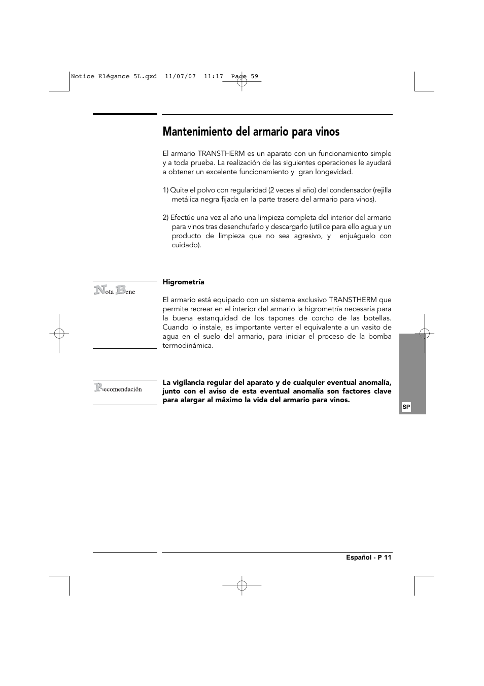 Mantenimiento del armario para vinos | Transtherm Elegance Studio Fitted Cabinet User Manual | Page 59 / 100