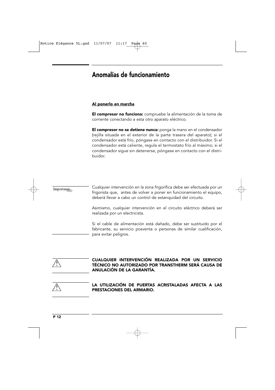 Anomalías de funcionamiento | Transtherm Elegance Studio Fitted Cabinet User Manual | Page 60 / 100